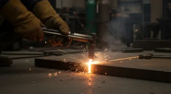 Close-up of gloved hands using an oxy-fuel cutting torch on a steel plate at ground level, with sparks and smoke visible in a fabrication shop