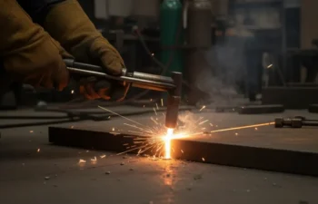 Close-up of gloved hands using an oxy-fuel cutting torch on a steel plate at ground level, with sparks and smoke visible in a fabrication shop