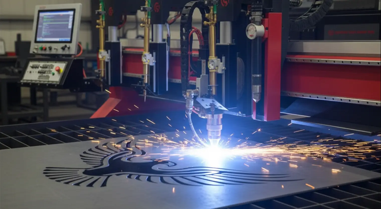 Close-up of a CNC plasma cutting machine cutting an intricate decorative eagle design into a flat metal sheet, with bright sparks flying and a CNC control panel visible in the background.