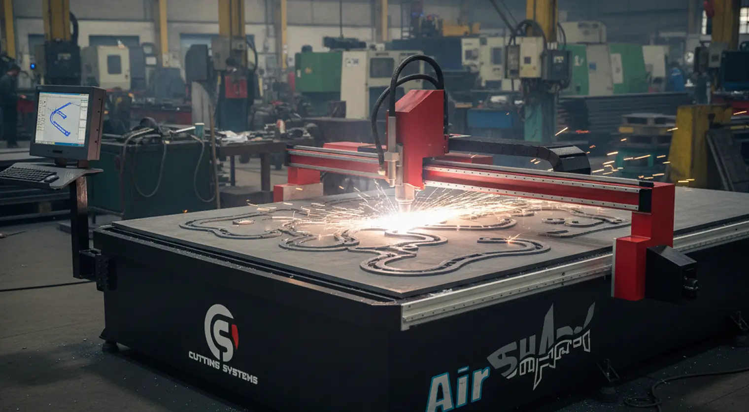 Shark CNC Plasma Cutting Machine cutting table actively cutting a decorative pattern into a metal sheet with sparks flying, inside an industrial manufacturing facility, with a CAD design visible on a nearby monitor