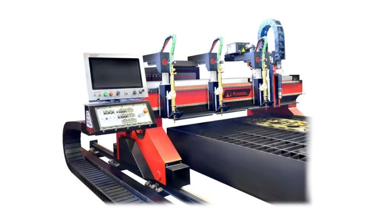 Industrial CNC plasma cutting machine with dual torch heads and control panel